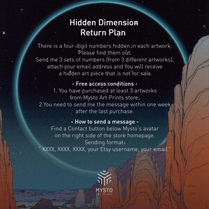 May include: A digital illustration of a mountain range with a blue sky and stars. The text "Hidden Dimension Return Plan" is at the top of the image. The text below explains how to find hidden numbers in the artwork and how to contact the artist.