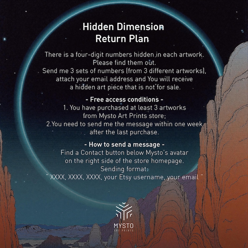 May include: A digital illustration of a mountain range with a blue sky and stars. The text "Hidden Dimension Return Plan" is at the top of the image. The text below explains how to find hidden numbers in the artwork and how to contact the artist.
