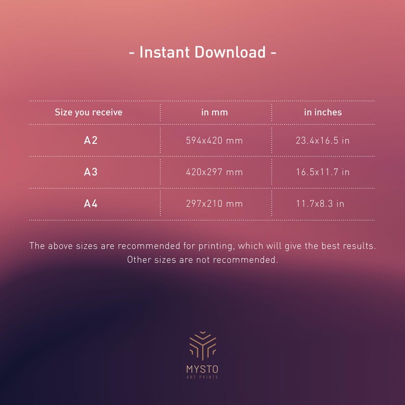 May include: A table showing recommended sizes for printing digital art. The table lists the sizes in millimeters and inches. The sizes are A2, A3, and A4. The text "Instant Download" is at the top of the table.