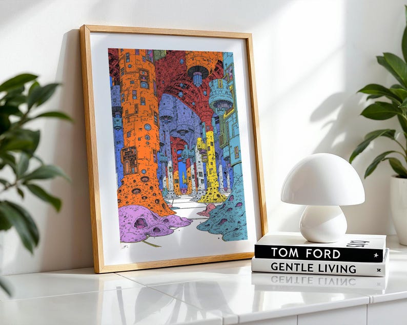 May include: A framed print of a colorful, abstract illustration depicting a city with tall, multi-colored buildings. The print is in a light wood frame and is sitting on a white table with a white lamp and books.
