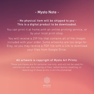 May include: A pink and orange gradient background with white text that reads "Mysto Note" and explains that the product is a digital download. The text also states that the artwork is copyright of Mysto Art Prints and that purchases are for personal use only.