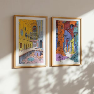 May include: Two framed illustrations of colorful, abstract, architectural structures. The left image shows a yellow building with a blue pool in the center. The right image shows a series of colorful, organic shapes.