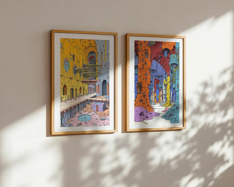 May include: Two framed illustrations of colorful, abstract, architectural structures. The left image shows a yellow building with a blue pool in the center. The right image shows a series of colorful, organic shapes.
