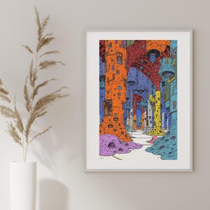 May include: A colorful abstract illustration of a futuristic city with tall buildings and a winding path. The buildings are made of various shapes and colors, including orange, blue, purple, and green.