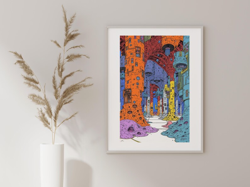 May include: A colorful abstract illustration of a futuristic city with tall buildings and a winding path. The buildings are made of various shapes and colors, including orange, blue, purple, and green.