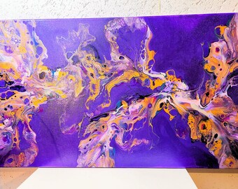 Purple Tide, Acrylic Pour in Golds and Purples and more, Wonderful pops of Color,15x30 inches, Acrylic Pour Paint style, Handmade,