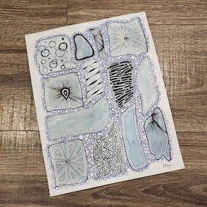 Pittura astratta a tecnica mista unica "Blue and Silver Doodles" Wall Art Decor Opera d'arte originale