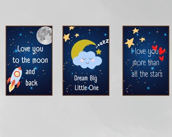 Set of 3 Space Nursery Art decor prints, moon and stars, navy blue starry night wall art, outer space kids digital download baby