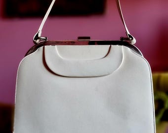 Vintage witte gestructureerde handtas uit de jaren 50, modieuze leren handtas