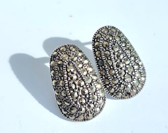 Vintage Marcasiet Oorbellen, Geoxideerd Zilver, Ovale Oorstekers, Elegant, Klassiek, Statement Sieraden, Zilveren Oorbellen