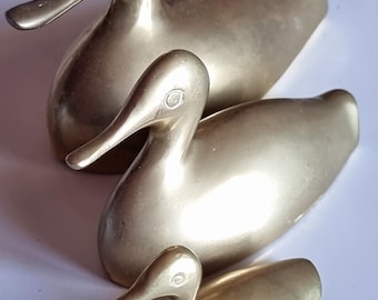 Set 3 Brass Duck Figurines – Vintage Solid Brass Birds – Mid Century Decor