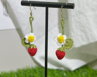 Micro Crochet Jewelry, Handmade Strawberry Flower Earring, silver earring hooks for sensitive skin, Lace thread, Finished product Earrings