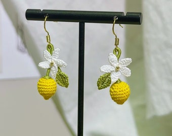Micro Crochet Jewelry, Handmade Lemon Earring, Lemon flower, silver earring hooks for sensitive skin, Lace thread, Finished product Earrings