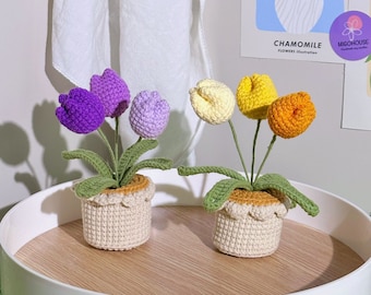 Handmade crochet Classic Tulip Flower potted ornaments, immortal flowers, housewarming gift, finished product ,knitting , Artificial Flower