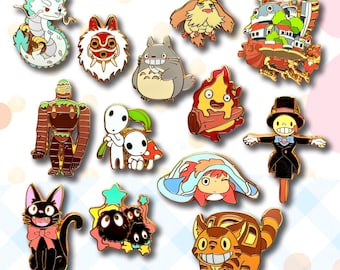 Épinglettes en émail Studio Ghibli - toroto, calcifer, lutins suie, tête de navet, chat de Jiji, chien Heen