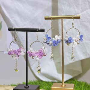 Micro Crochet Jewelry, Handmade Flowers Earring, silver earring hooks for sensitive skin, Lace thread, Finished product Earrings
