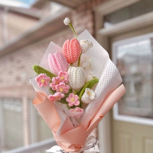 Finished Crochet Flowers Bouquet handmade, Tulips, forget me not, lily of the valley, Knitted Flowers, Mother's Day Gift, Gift For Her Pink Mixed