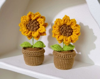 Crochet fait main classique 2 couches de tournesol en pot, fleurs immortelles, cadeau de pendaison de crémaillère, produit fini, fleur artificielle