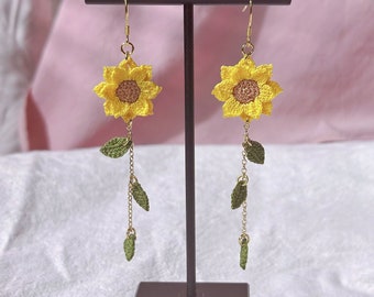 Micro Crochet Jewelry, Handmade Sunflower Earring, Sunflower, silver earring hooks for sensitive skin, Lace thread,Finished product Earrings