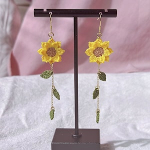 Micro Crochet Jewelry, Handmade Sunflower Earring, Sunflower, silver earring hooks for sensitive skin, Lace thread,Finished product Earrings