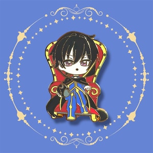 May include: Enamel pin depicting an anime character seated on a red and gold throne. The character has black hair, purple eyes, and wears a black cloak over a blue and gold outfit. The pin is set against a blue background with gold decorative elements.