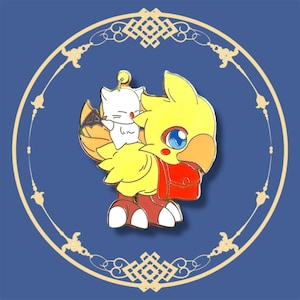 May include: A yellow and red enamel pin featuring a Chocobo with a white Moogle riding on its back. The Chocobo has a red satchel and blue eyes. The pin is set against a blue background with a gold decorative border.