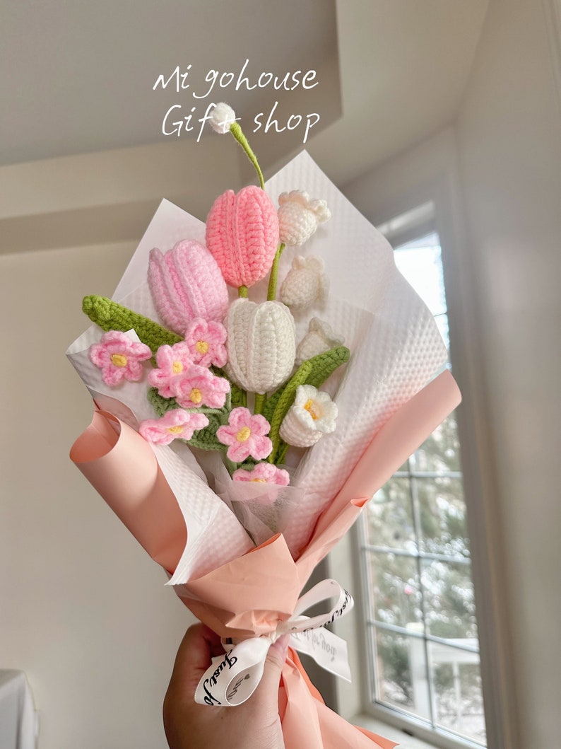 Finished Crochet Flowers Bouquet handmade, Tulips, forget me not, lily of the valley, Knitted Flowers, Mother's Day Gift, Gift For Her image 7