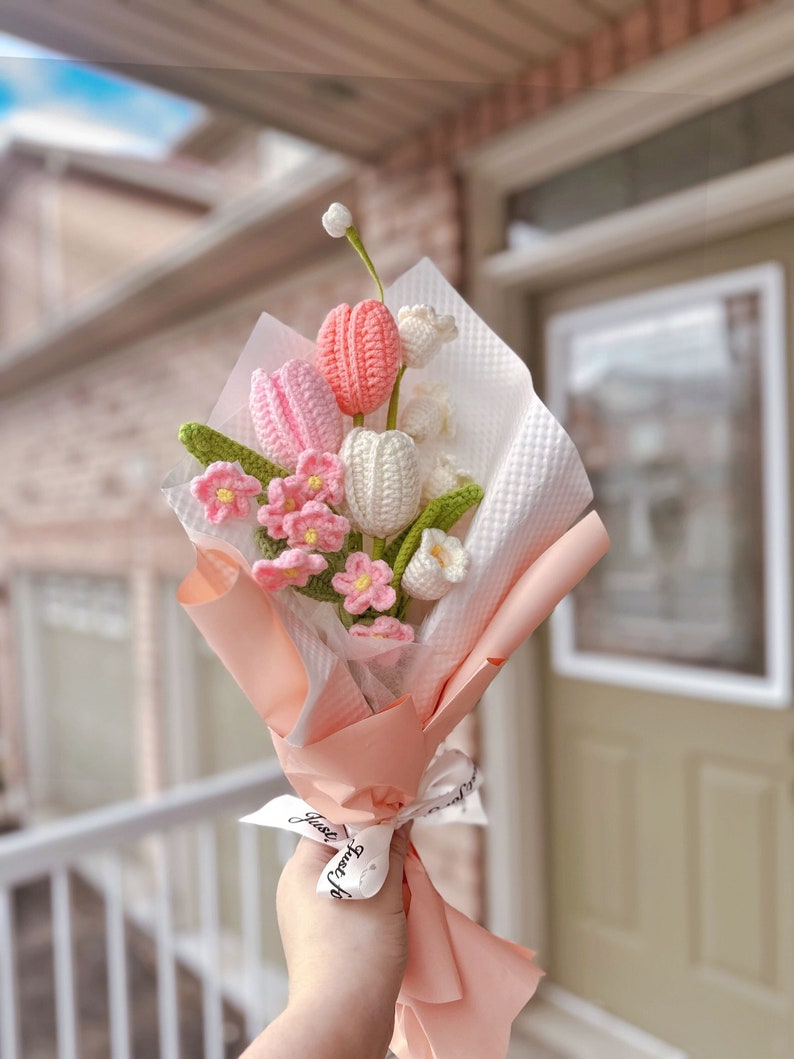 Finished Crochet Flowers Bouquet handmade, Tulips, forget me not, lily of the valley, Knitted Flowers, Mother's Day Gift, Gift For Her Pink Mixed