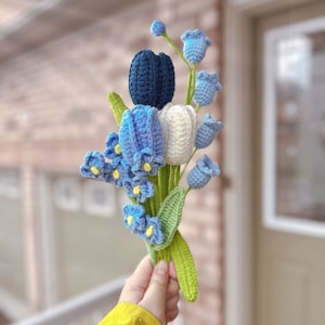 Finished Crochet Flowers Bouquet handmade, Tulips, forget me not, lily of the valley, Knitted Flowers, Mother's Day Gift, Gift For Her image 5