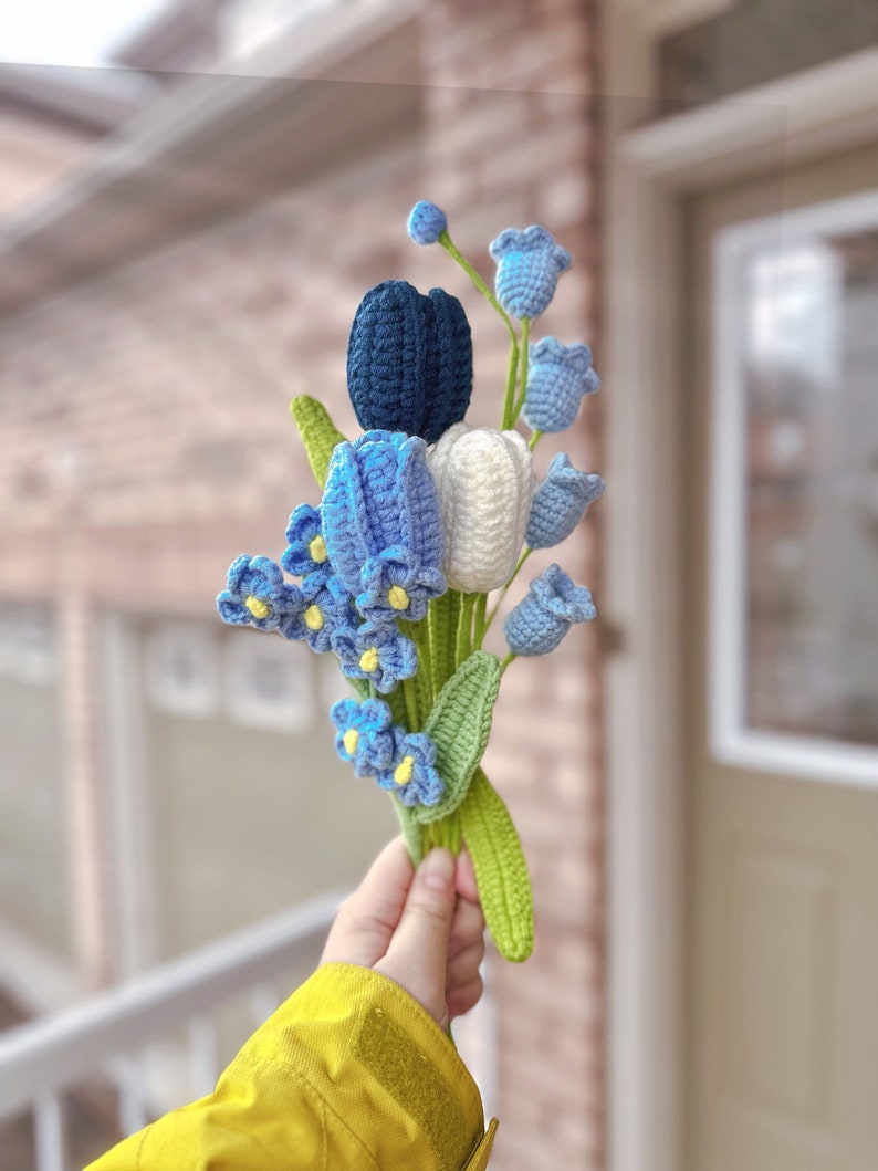 Finished Crochet Flowers Bouquet handmade, Tulips, forget me not, lily of the valley, Knitted Flowers, Mother's Day Gift, Gift For Her Blue Mixed