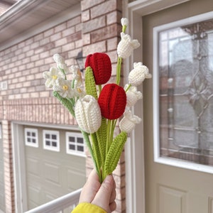 Finished Crochet Flowers Bouquet handmade, Tulips, forget me not, lily of the valley, Knitted Flowers, Mother's Day Gift, Gift For Her Red Mixed