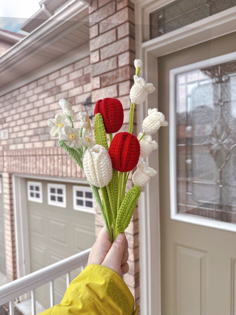 Finished Crochet Flowers Bouquet handmade, Tulips, forget me not, lily of the valley, Knitted Flowers, Mother's Day Gift, Gift For Her Red Mixed