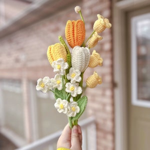 Finished Crochet Flowers Bouquet handmade, Tulips, forget me not, lily of the valley, Knitted Flowers, Mother's Day Gift, Gift For Her image 3