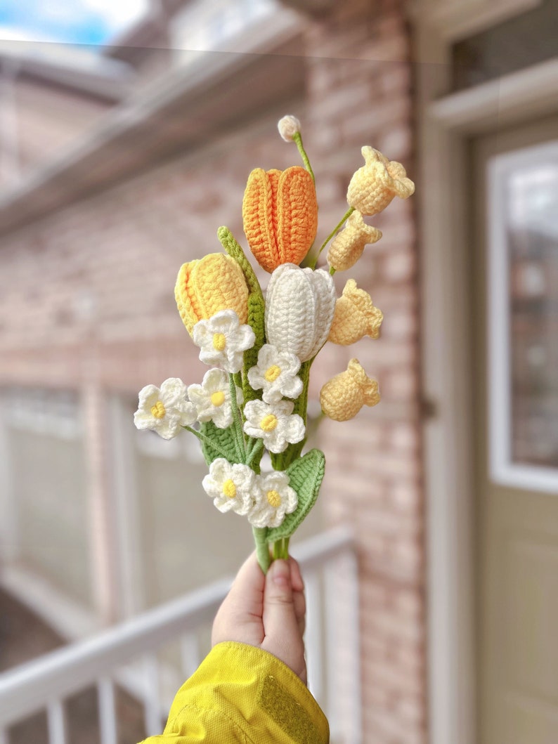 Finished Crochet Flowers Bouquet handmade, Tulips, forget me not, lily of the valley, Knitted Flowers, Mother's Day Gift, Gift For Her image 3