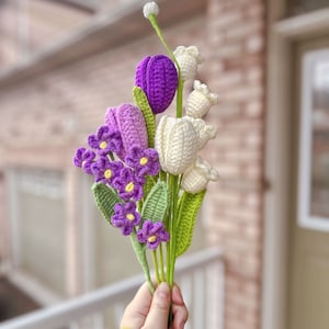 Finished Crochet Flowers Bouquet handmade, Tulips, forget me not, lily of the valley, Knitted Flowers, Mother's Day Gift, Gift For Her Purple Mixed