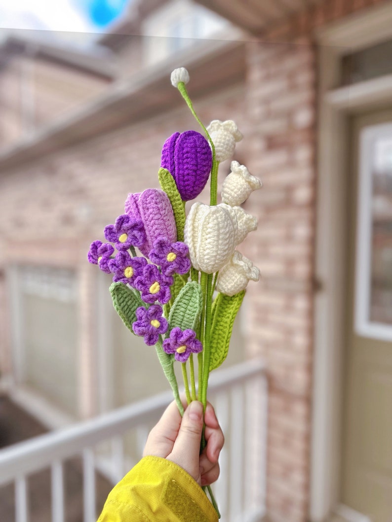 Finished Crochet Flowers Bouquet handmade, Tulips, forget me not, lily of the valley, Knitted Flowers, Mother's Day Gift, Gift For Her image 4