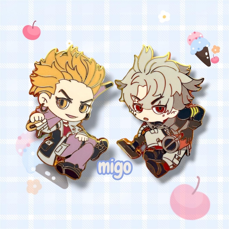 May include: Two anime-style character pins. One pin features a character with spiky yellow hair, wearing a black jacket, a red shirt, and purple pants. The other pin has a character with gray hair, wearing a white and black outfit with red accents. The word "migo" is printed on the bottom.