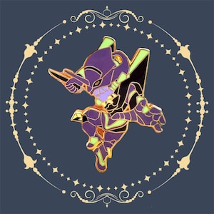 May include: A purple, black, and green enamel pin featuring a stylized robot character. The pin has gold-colored accents and is set against a dark blue background with a decorative gold border.