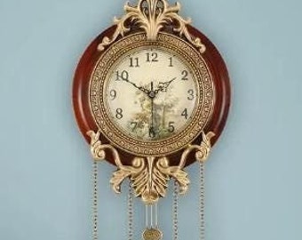 WALL CLOCK-Pendulum, Vintage Victorian-Inspired- Silent, Battery Operated, Real Wood & Glass Construction