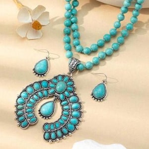 JEWELRY SET-Western Beaded Necklace, Boho Style Vintage Turquoise Necklace and Drop Earrings Jewelry Set