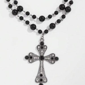 NECKLACE- Layered Faux Pearl & Metal Cross Pendant Necklace Set, Black, Vintage Gothic