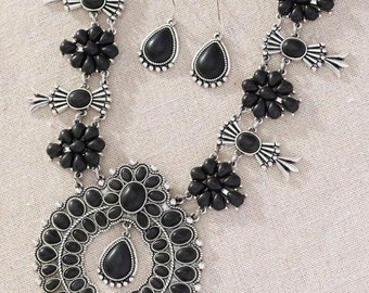 JEWELRY SET-Western Black Squash Blossom Style, Silver Plating, Necklace & Drop Earrings
