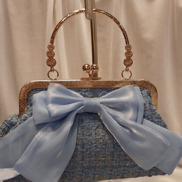 HB005-Handbag Blue and Gold Plaid w/Bow, Chain For Optional Shoulder Wear