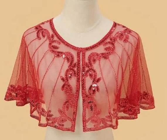 FLAPPER SEQUIN SHAWL-Sequin & Beaded Red Capelet … - image 1