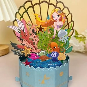 CARTÃO POP-UP - Encantador cartão de felicitações SwammCard 3D Pop-Up de sereia com envelope - Cena da vida marinha - Perfeito para filhas e netas