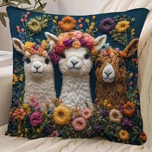 FUNDA DE ALMOHADA - Poliéster con diseño de alpaca y flores, 18 x 18 pulgadas, cierre de cremallera, diseño con tecnología de impresión avanzada.