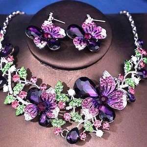 JEWELRY SET- 3Pcs Set, Colorful Flower Design Purple, Rhinestones, Evening Party Accessories, Bridal Jewelry