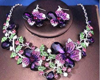 JEWELRY SET- 3Pcs Set, Colorful Flower Design Purple, Rhinestones, Evening Party Accessories, Bridal Jewelry