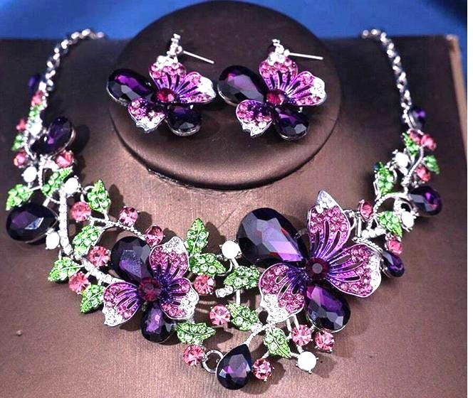 JEWELRY SET- 3pcs Set, Colorful Flower Design Purple, Rhinestones