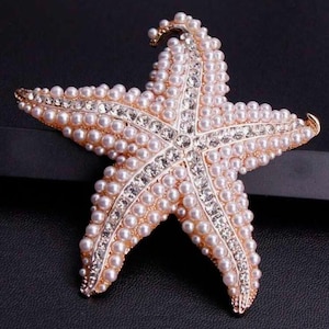 BROOCH- Luxury Brooch White Faux Pearl and Rhinestone Starfish